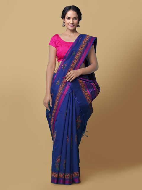 

Unnati Silks Blue & Orange Silk Cotton Woven Design Chanderi Handloom Saree