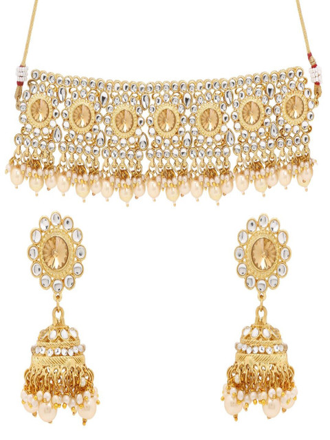 

ASMITTA JEWELLERY Gold-Plated Beige & White Kundan & Pearl Studded Jewellery Set