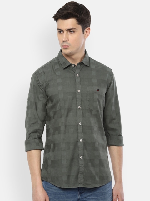 

Louis Philippe Jeans Men Olive Green Pure Cotton Slim Fit Checked Casual Shirt