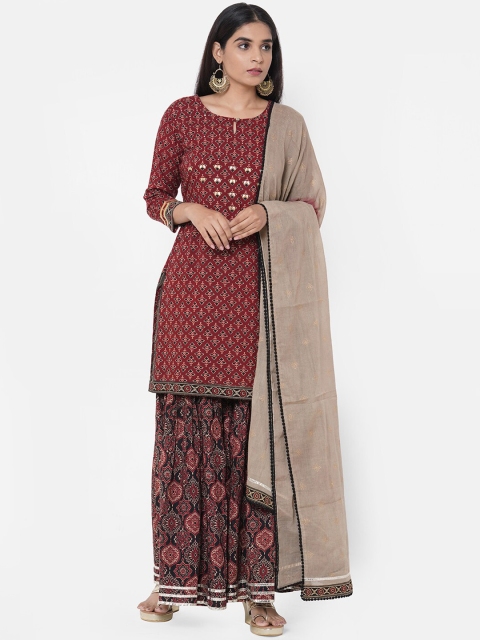 

FASHOR Women Maroon & Beige Printed Kurti with Palazzos & Dupatta
