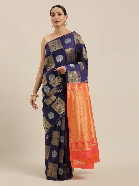 

The Chennai Silks Navy Blue & Orange Pure Silk Checked Kanjeevaram Saree
