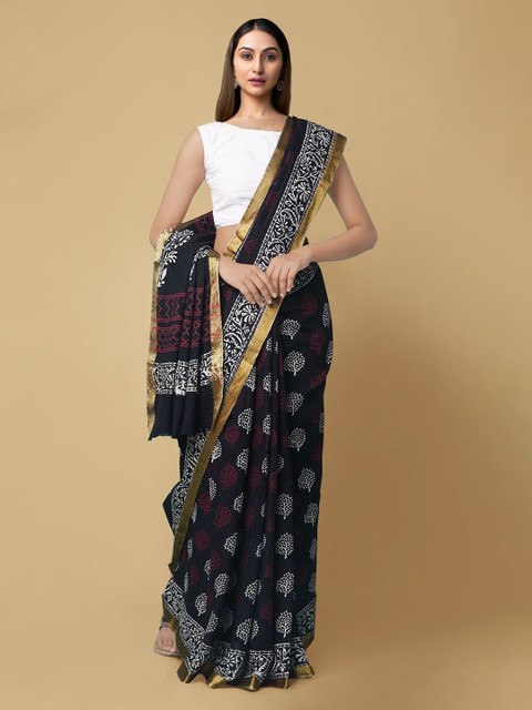 

Unnati Silks Navy Blue & White Pure Cotton Printed Block Print Saree