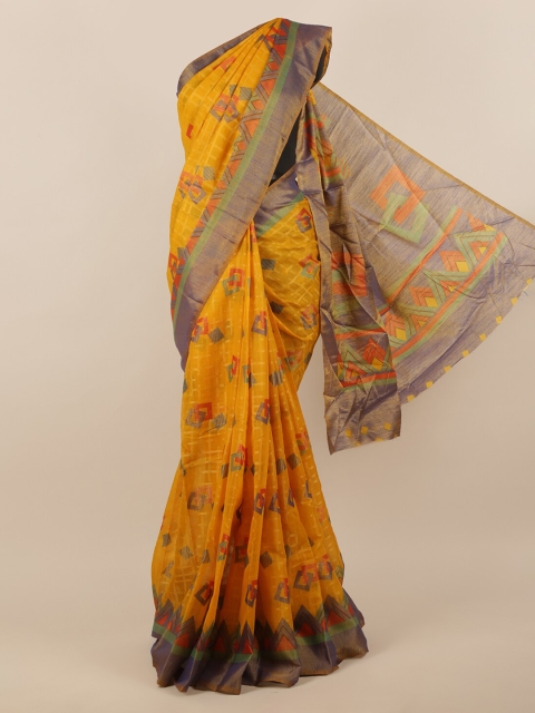 

Pothys Mustard Yellow & Orange Jute Silk Printed Saree