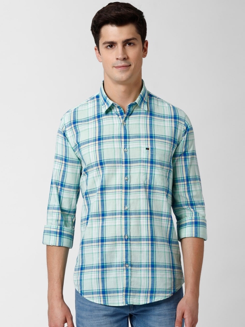 

Peter England Casuals Men Turquoise Blue Slim Fit Checked Pure Cotton Casual Shirt