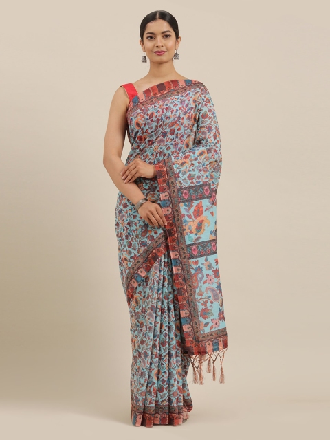 

The Chennai Silks Blue Printed Linen Blend Saree
