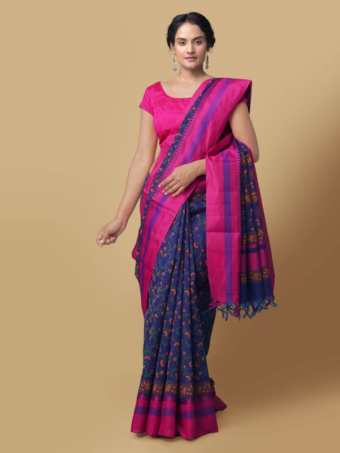 

Unnati Silks Blue & Orange Printed Chanderi Handloom Saree