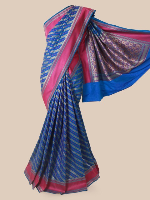 

Pothys Blue & Pink Pure Silk Striped Banarasi Saree
