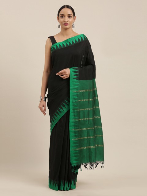 

The Chennai Silks Black & Green Polycotton Solid Saree
