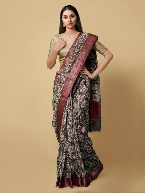 

Unnati Silks Grey & Brown Printed Maheshwari Saree