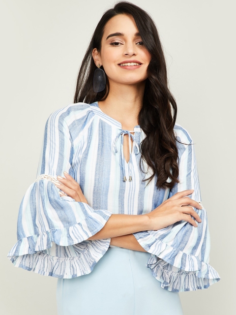 

CODE by Lifestyle White Striped Tie-Up Neck Flared Sleeves Regular Top