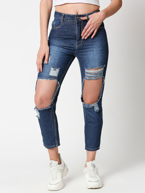 

AMMARZO Women Blue Slim Fit Mid-Rise Highly Distressed Jeans