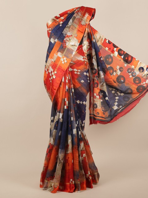 

Pothys Navy Blue & Orange Jute Silk Printed Saree
