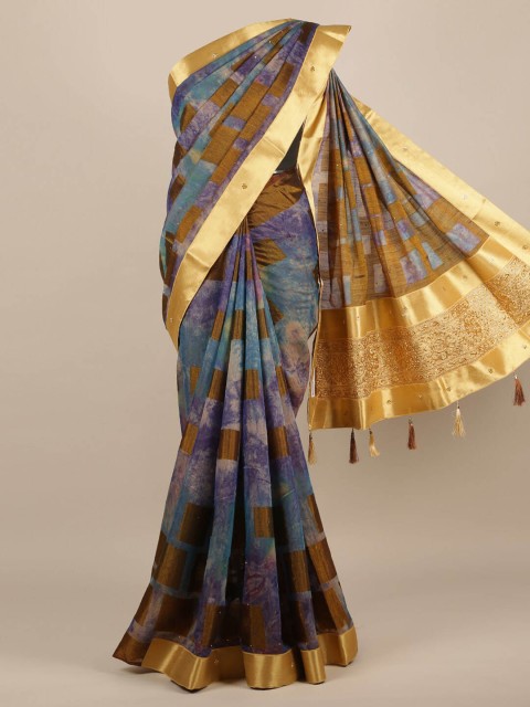 

Pothys Blue & Pink Jute Silk Printed Saree