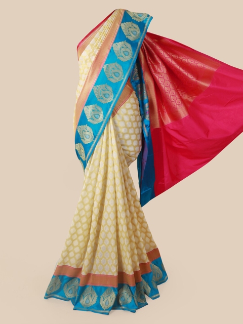 

Pothys Cream-Coloured Pure Silk Printed Banarasi Saree