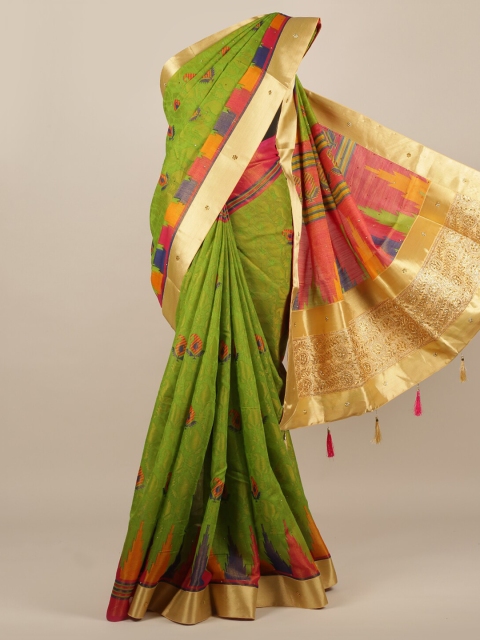 

Pothys Green & Gold-Toned Jute Silk Woven Design Saree
