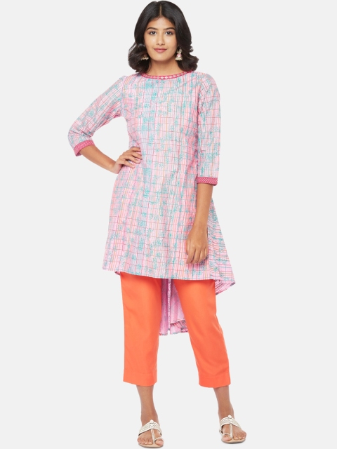 

RANGMANCH BY PANTALOONS Women Pink & Blue Checked Thread Work Kurta