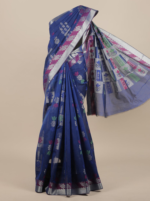

Pothys Blue & Silver-Toned Silk Cotton Woven Design Saree