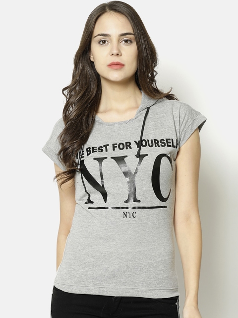 

V2 Value & Variety Women Grey Printed Hood T-shirt