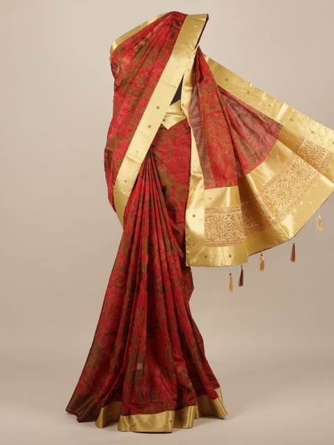 

Pothys Red Woven Design Jute Silk Saree With Tasseled Pallu