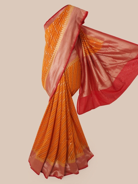 

Pothys Mustard & Red Pure Silk Woven Design Banarasi Saree