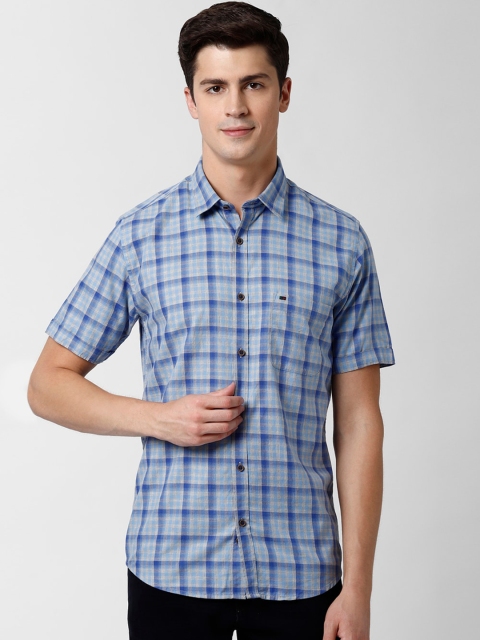 Peter England Casuals Men Blue Slim Fit Checked Pure Cotton Casual Shirt