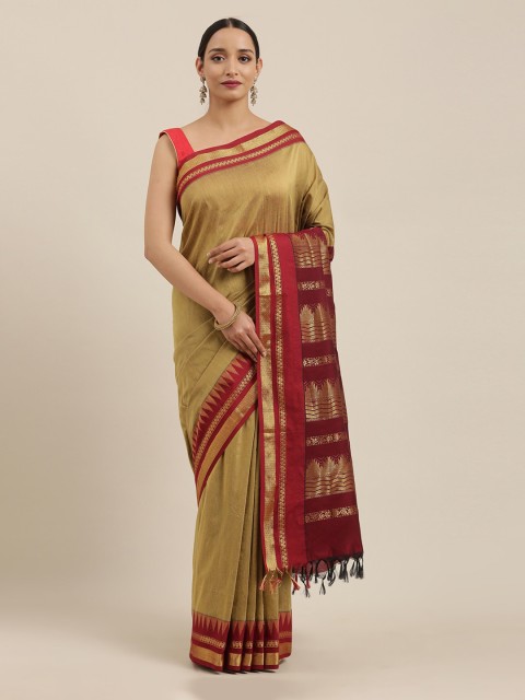 

The Chennai Silks Beige Solid Polycotton Saree