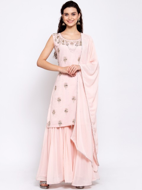

KHALOM Women Pink Ethnic Motifs Embroidered Kurta with Sharara & With Dupatta