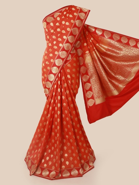 

Pothys Orange & Gold-Toned Pure Silk Woven Design Banarasi Saree