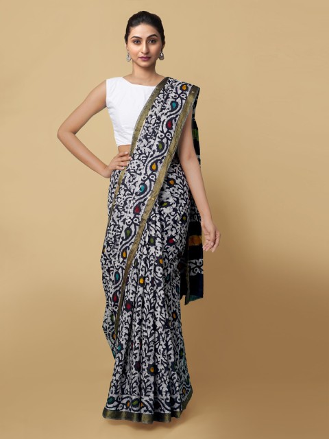 

Unnati Silks White & Black Pure Cotton Printed Dabu Saree