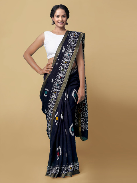 

Unnati Silks Navy Blue & White Pure Cotton Printed Dabu Saree