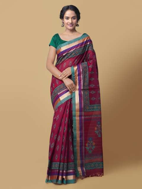 

Unnati Silks Maroon & Blue Silk Cotton Printed Chanderi Handloom Saree
