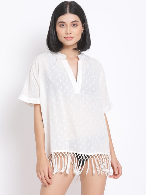 

Oxolloxo Women Off White Self-Designed Tassel Beach Cover-Up Dress