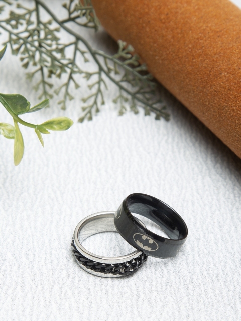 

YouBella Men Set Of 2 Black & Silver-Toned Textured Finger Rings