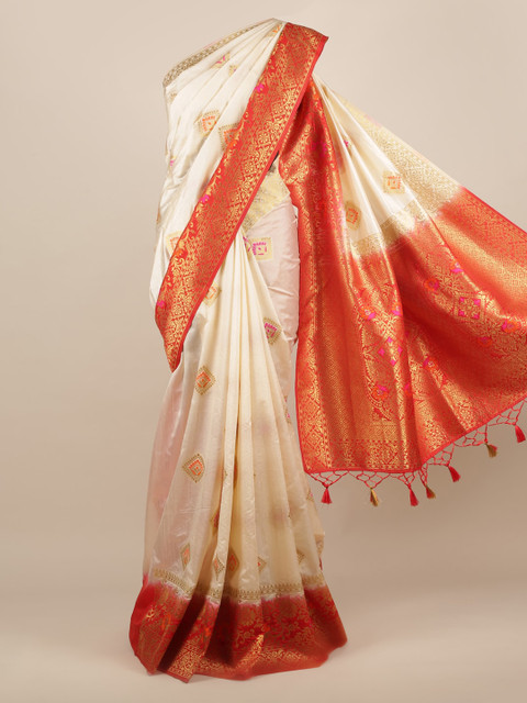 

Pothys Cream-Coloured & Red Jute Silk Woven Design Saree