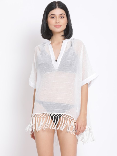 

Oxolloxo Women White Self-Striped Beach Cover-Up Dress