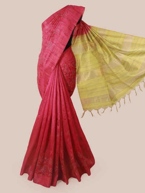 

Pothys Pink & Lime Green Jute Silk Floral Embroidered Saree