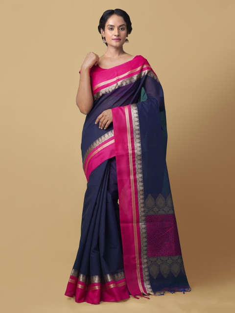 

Unnati Silks Navy Blue Silk Cotton Solid Bhagalpuri Handloom Saree