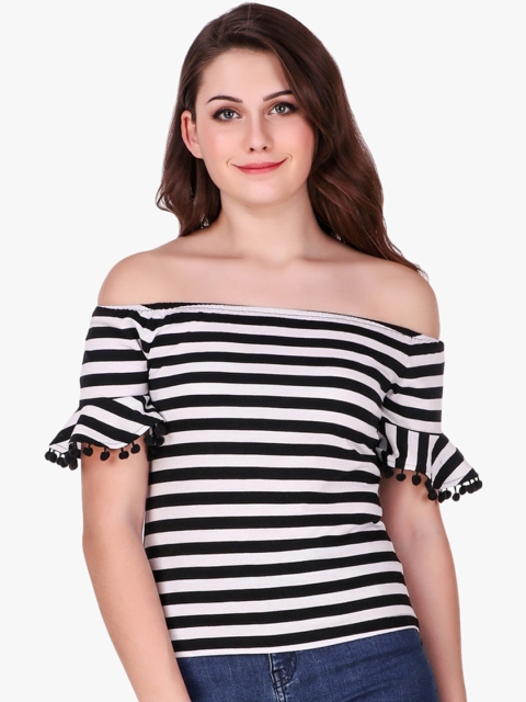 

Texco Black & White Striped Off-Shoulder Bell Sleeves Bardot Top