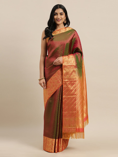

The Chennai Silks Green & Pink Pure Silk Woven Design Dharmavaram Saree
