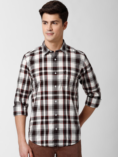 

Peter England Casuals Men White & Brown Slim Fit Checked Pure Cotton Casual Shirt