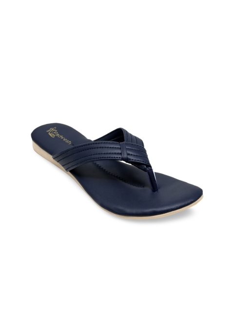 

Padvesh Women Navy Blue Textured T-Strap Flats