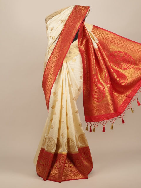 

Pothys Cream-Coloured & Red Jute Silk Woven Design Saree