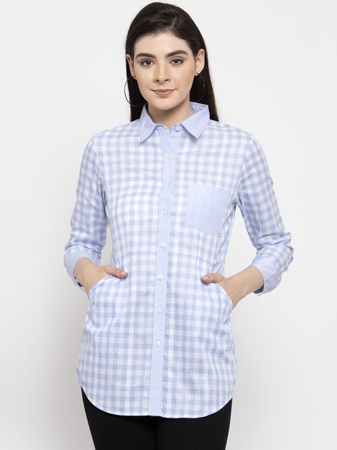 

armure Women Blue & White Regular Fit Checked Casual Shirt