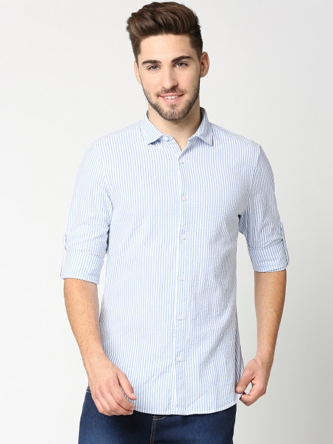 

Bewakoof Men Blue & White Slim Fit Striped Seersucker Cotton Casual Shirt