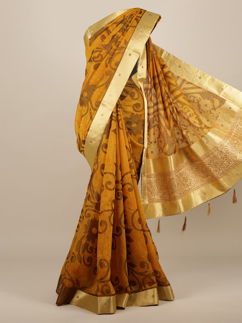 

Pothys Mustard Printed Jute Silk Saree