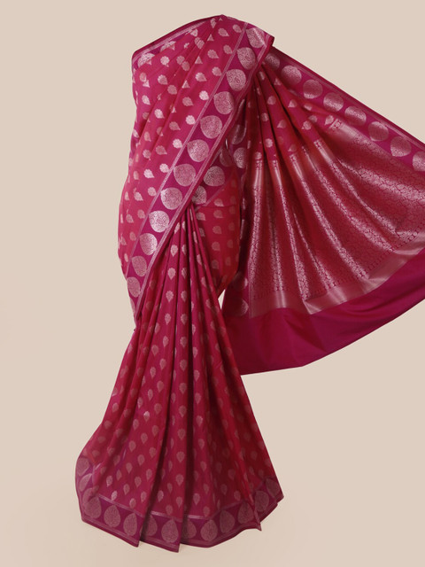 

Pothys Magenta & Silver-Toned Pure Silk Woven Design Banarasi Saree