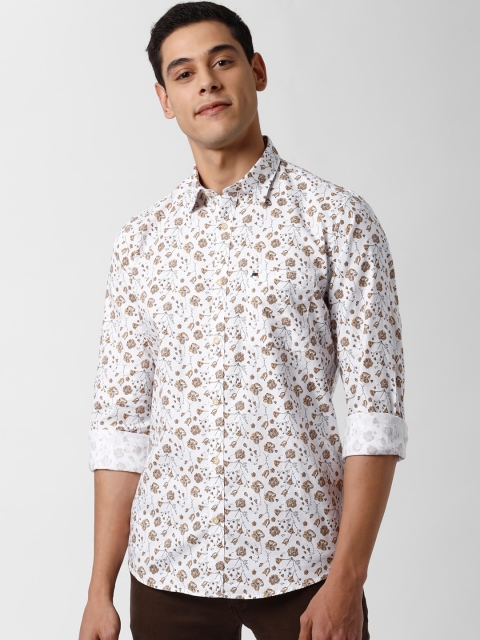 Peter England Casuals Men White & Brown Slim Fit Printed Pure Cotton Casual Shirt