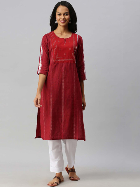 

Soch Women Maroon & White Striped Thread Work Kurta