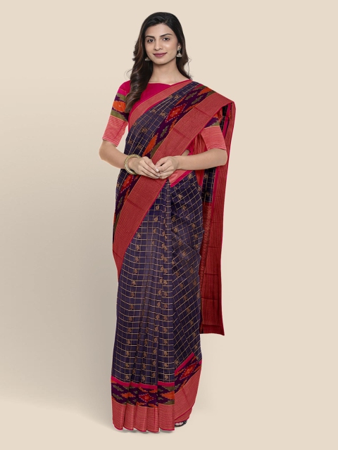 

KLM Fashion Mall Purple & Orange Zari Checked Chanderi Saree