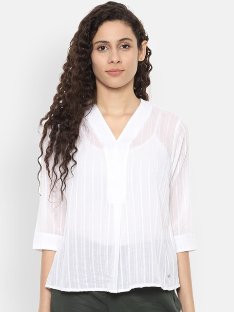 

Allen Solly Woman White Self Striped Mandarin Collar Shirt Style Top